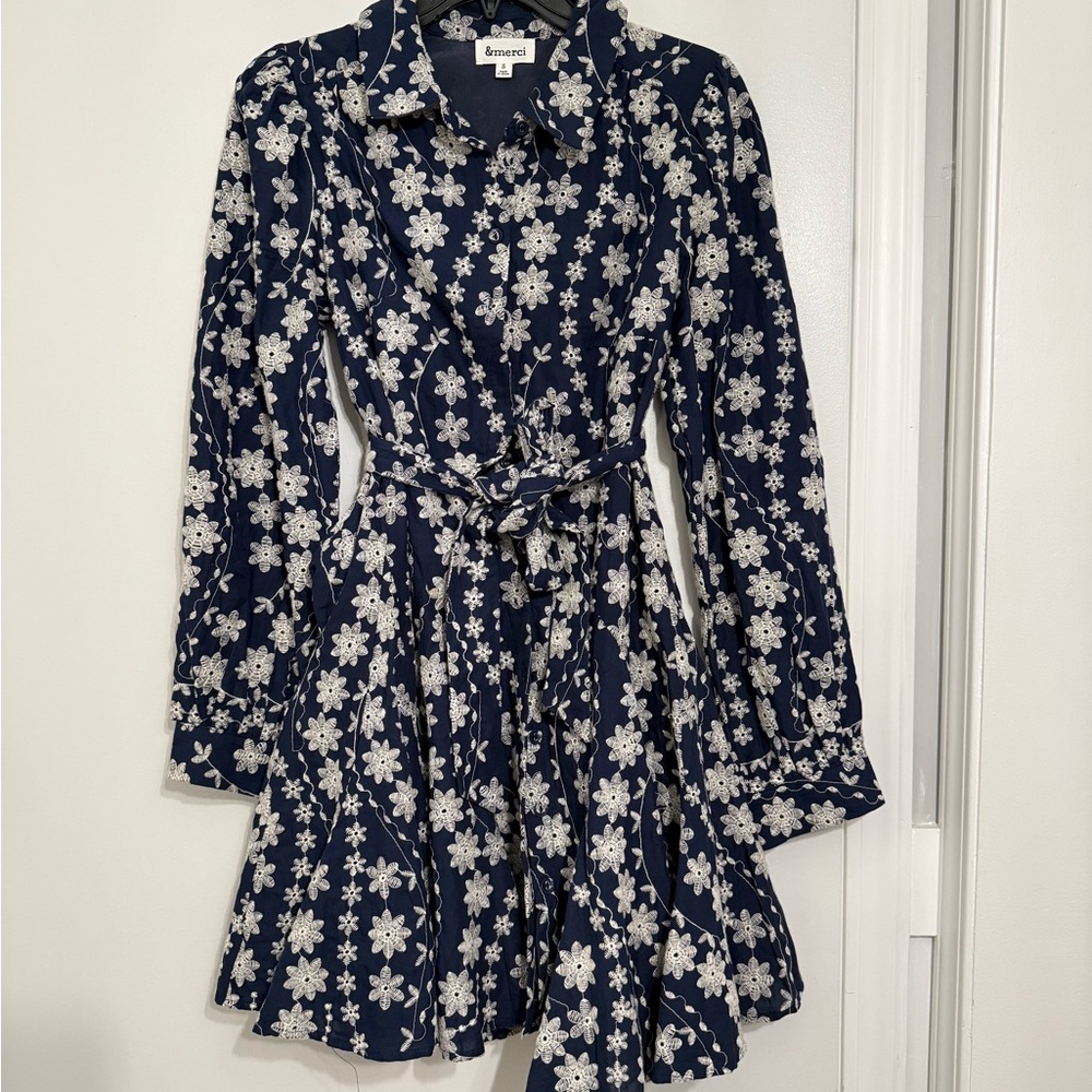 Navy Floral Dress with Belt
